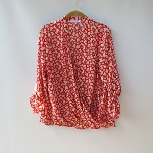 All in Favor Red White Floral Faux Wrap Blouse Size Large